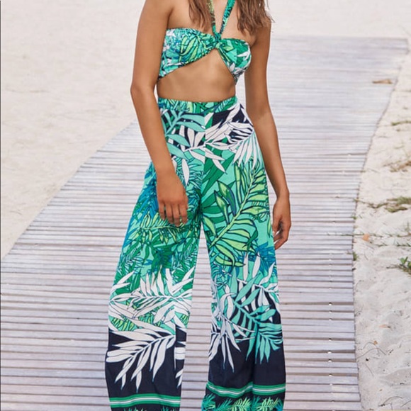 Green tropical print two piece jumpsuit - Picture 2 of 3
